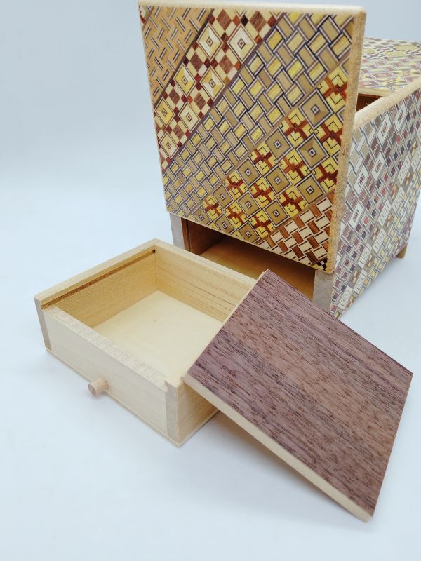 4 Sun 10 Step Cube Yosegi Japanese Puzzle Box with Hidden Drawer!