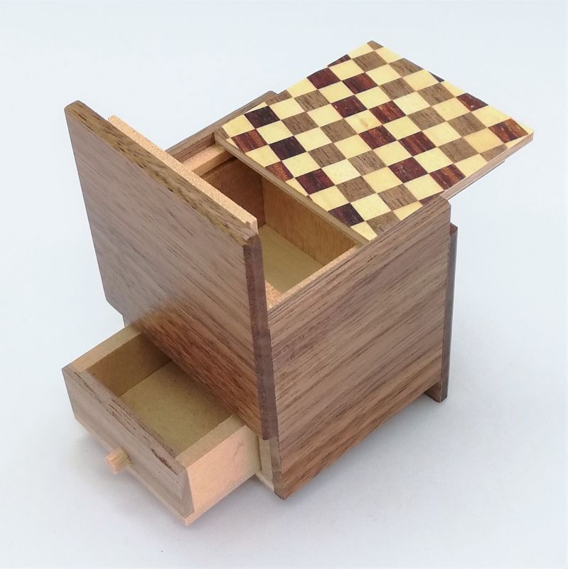 2 Sun 4 Step Natural Wood / Ichimatsu Cubic WITH HIDDEN DRAWER Japanese Puzzle Box
