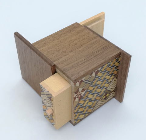 2 Sun 4 Step Natural Wood / Yosegi Cubic WITH HIDDEN DRAWER Japanese Puzzle Box