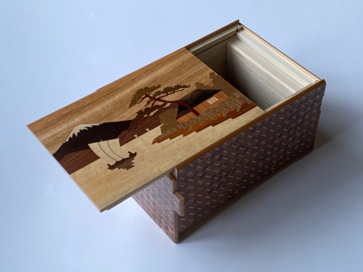 6 Sun 14 Step Sansui Zougan Double Compartment Japanese Puzzle Box