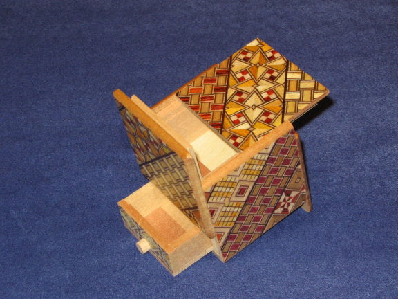 2 Sun 4 Step Yosegi Cubic WITH HIDDEN DRAWER Japanese Puzzle Box By Mr. Oka