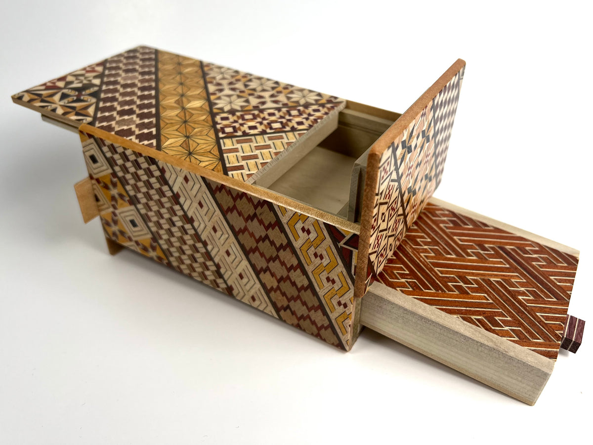 5 Sun 7 + 1 Step Yosegi Japanese Puzzle Box with SECRET DRAWER AND HIDDEN COIN !!!