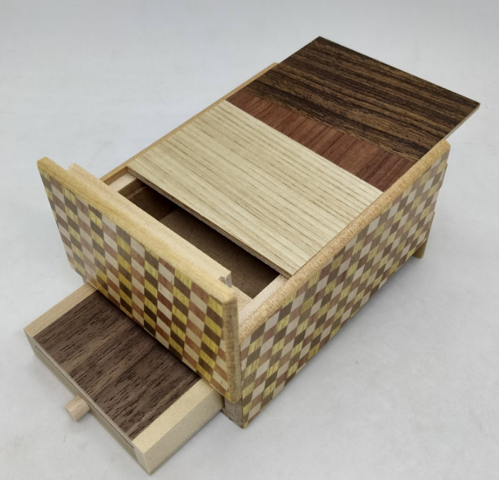 4 Sun 10 Step Random Grain Ichimatsu Japanese Puzzle Box with Hidden Drawer!