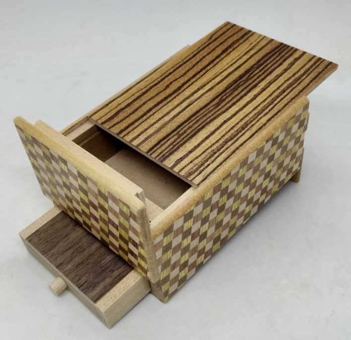 4 Sun 10 Step Zebra wood / Ichimatsu Japanese Puzzle Box with Hidden Drawer!