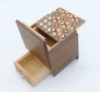 2 Sun 4 Step Natural Wood / Yosegi Cubic WITH HIDDEN DRAWER Japanese Puzzle Box