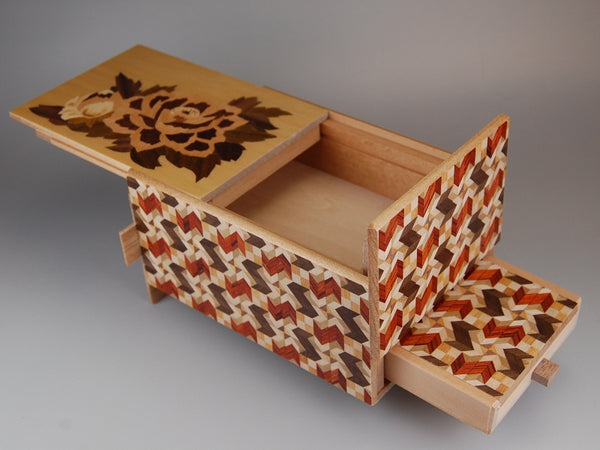 5 Sun 10 Step Peony Japanese Puzzle Box with Secret Drawer 